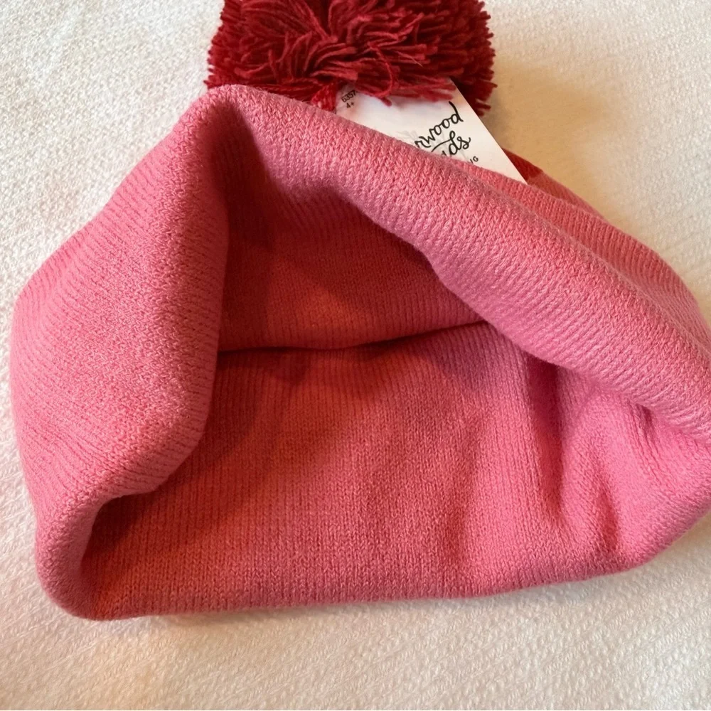NWT Cedarwood Threads youth pink/ red cherry 🍒 beanie with Pom-pom ages 4+
